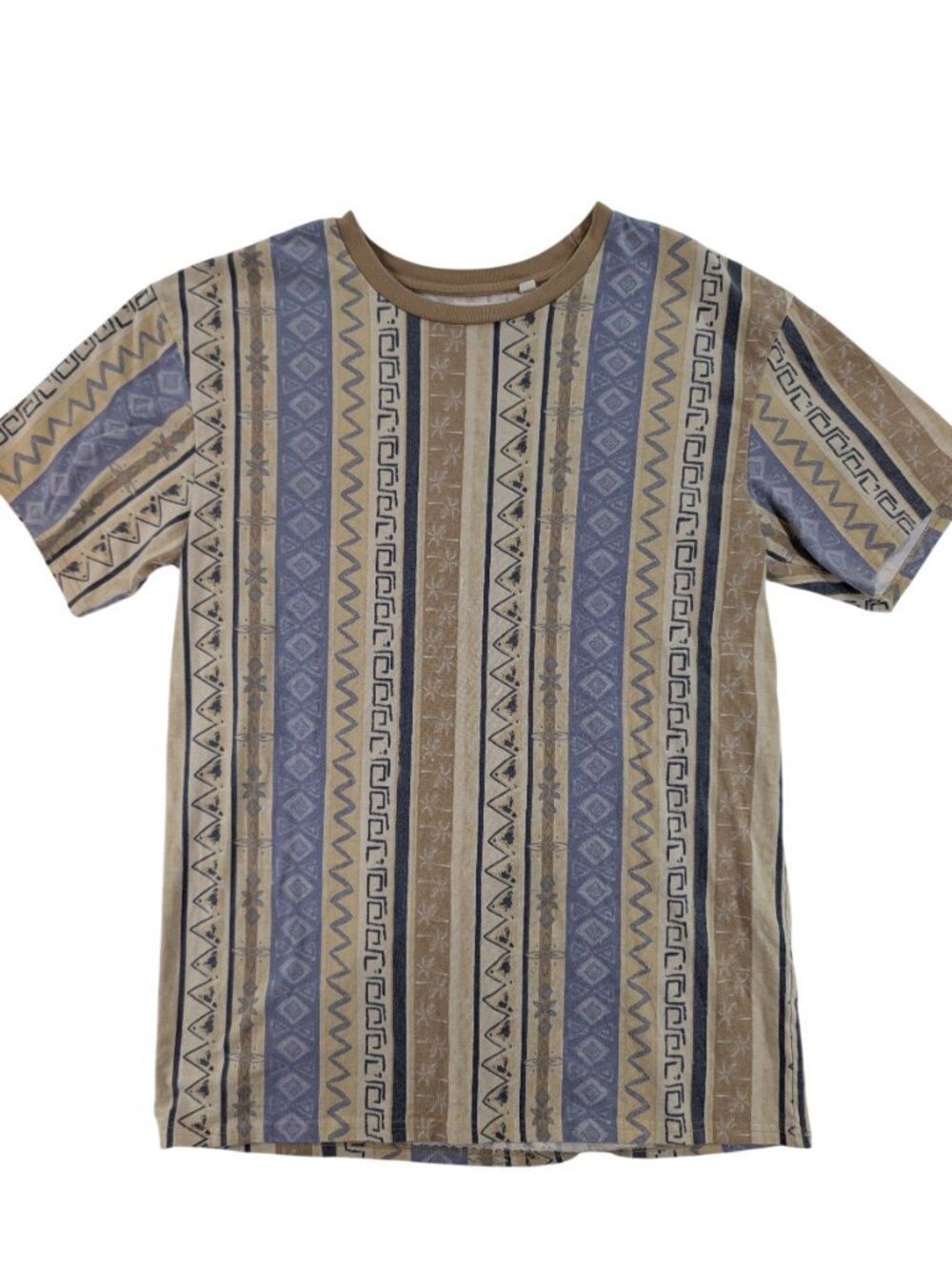PacSun Aztec Tribal Ringer Tee Retro Southwestern Tan Blue Sz M